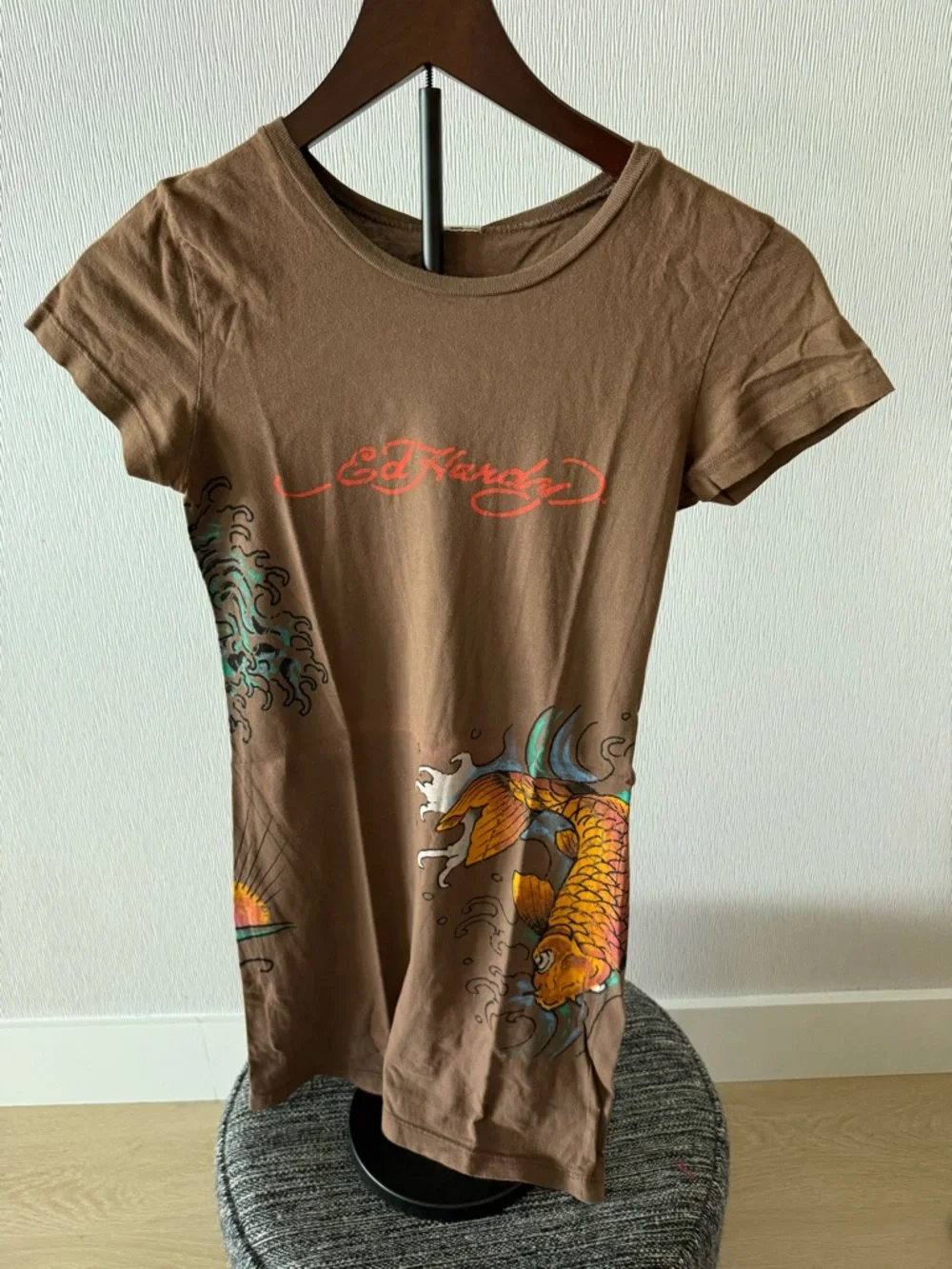 Ed Hardy Brown Tee with Tiger Head and Red Logo - Picture 1 of 3